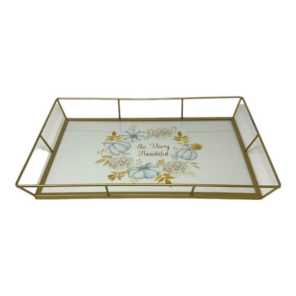 So Very Thankful Seasonal Gold Wire Decorative Accent Tray 12x17" - Picture 3 of 5